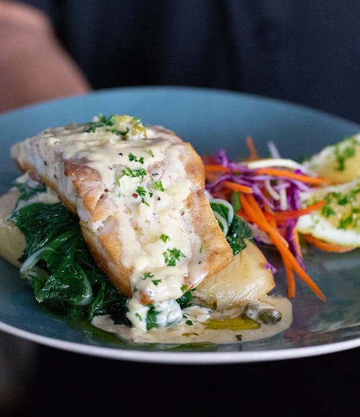 salmon dish at yots greek taverna at cullen bay marine